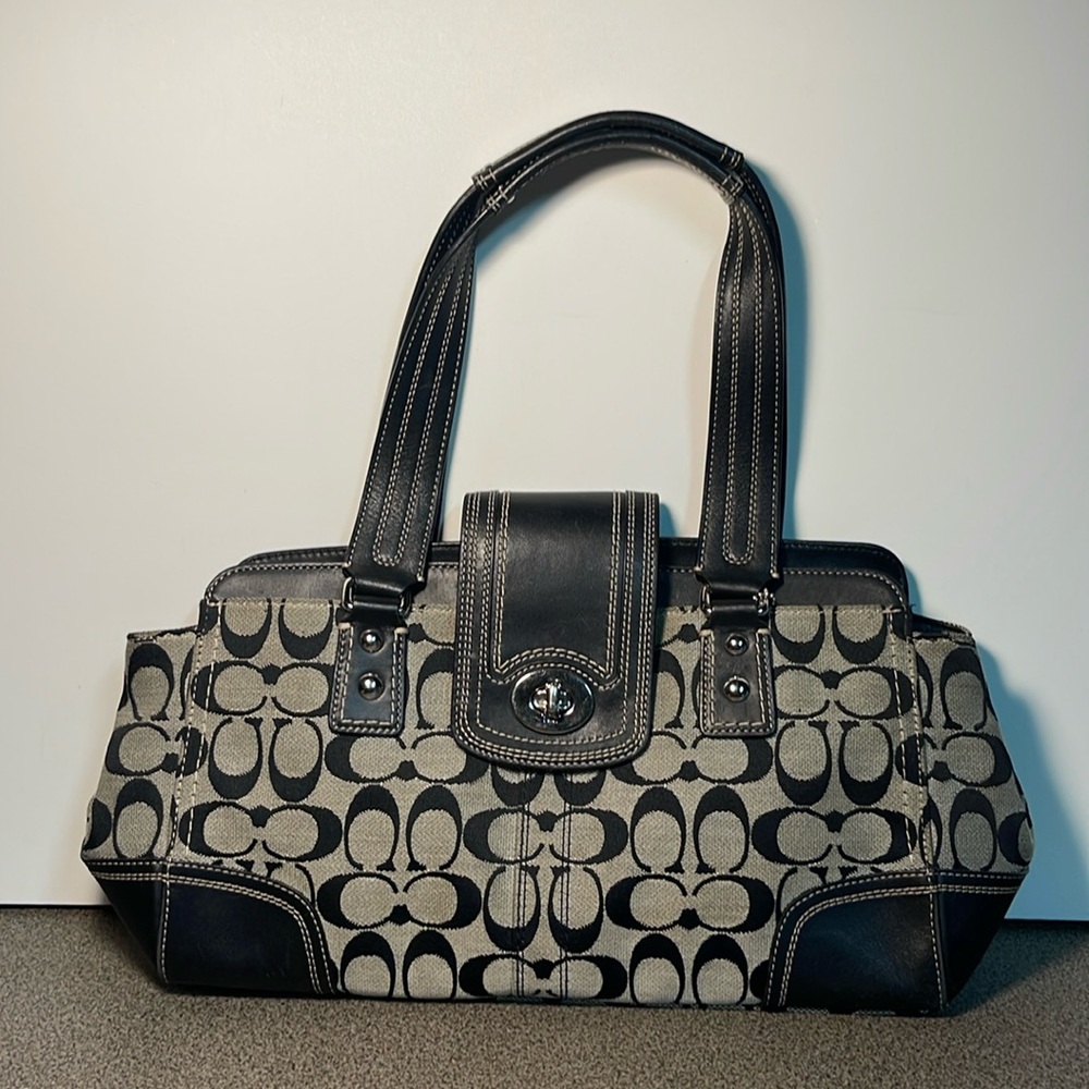 Coach F13975 Hamptons Signature Jacquard Fabric Turnlock Satchel
